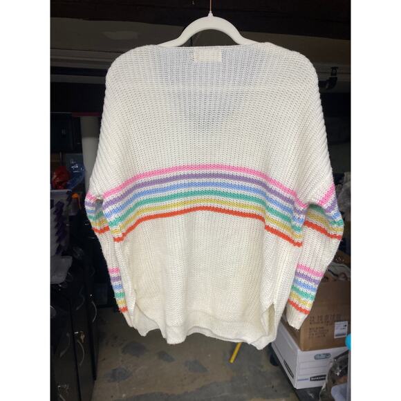 White Rainbow Stripe V Neck Sweater Small Medium - Picture 2 of 4